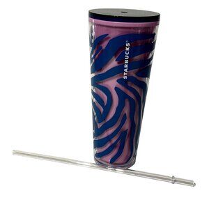 2021 24 oz Starbucks pink blue zebra venti cold cup with new straw